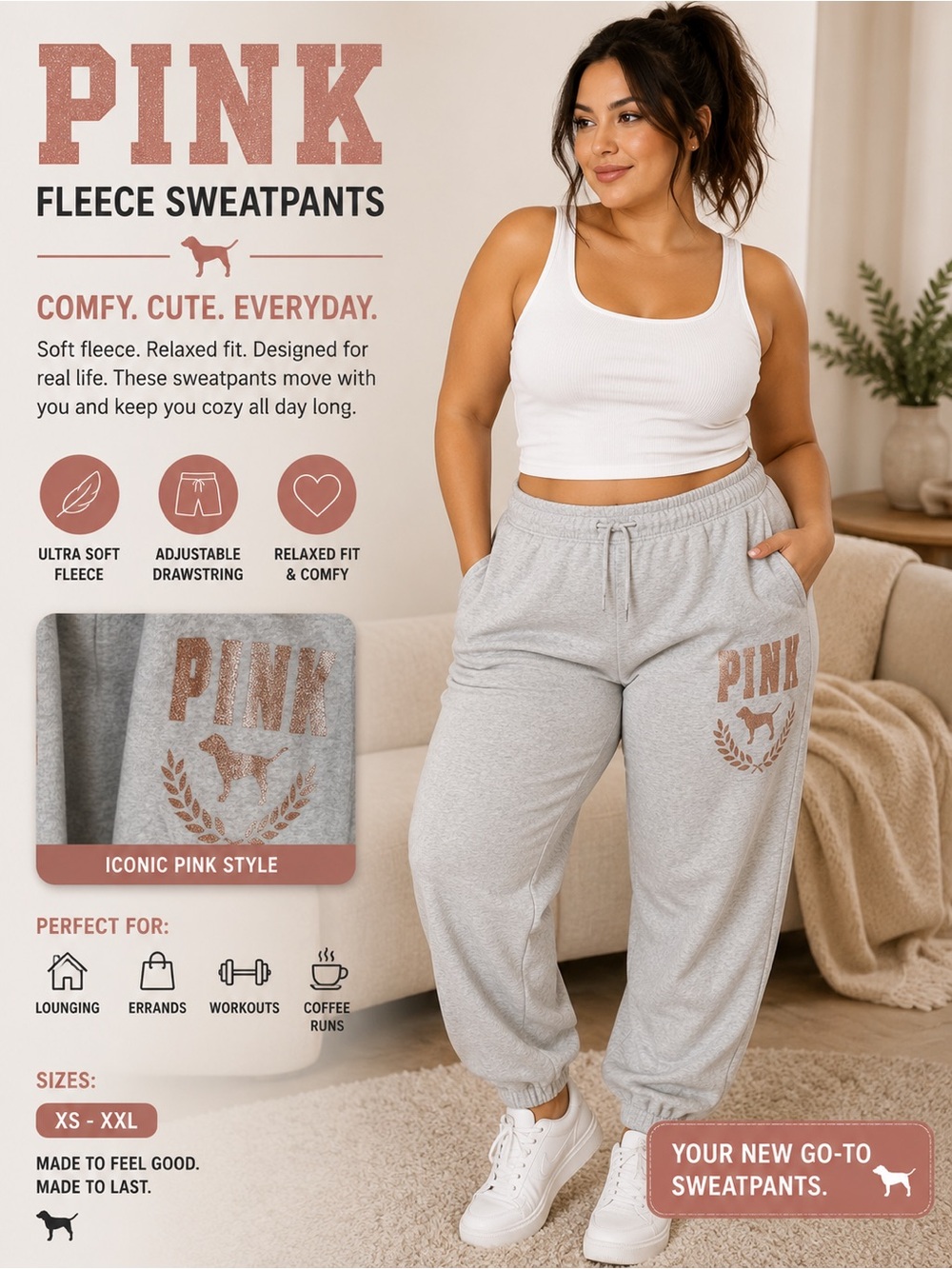 PINK Grey Fleece Sweatpants with Logo size XL